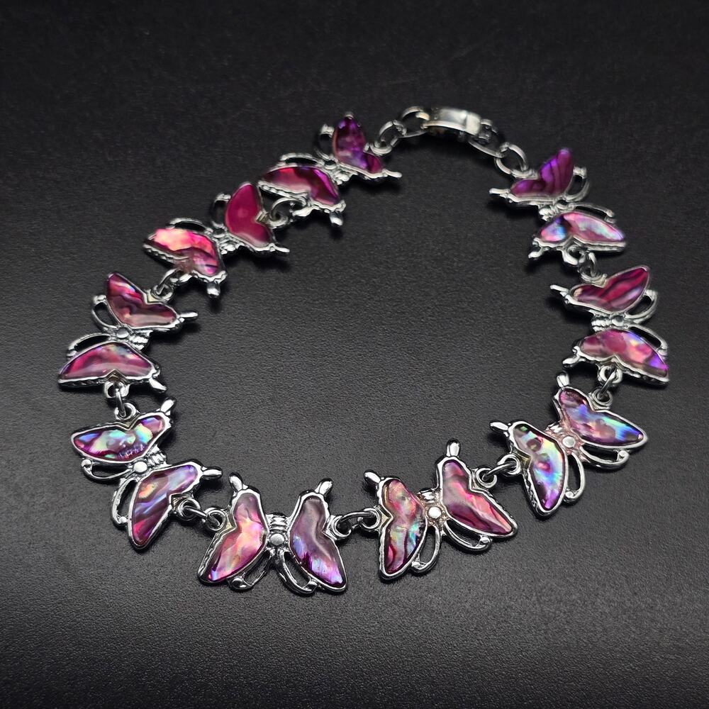 Pink Paua Shell Butterfly Bracelet Silver Tone Beachy Summer Jewelry
